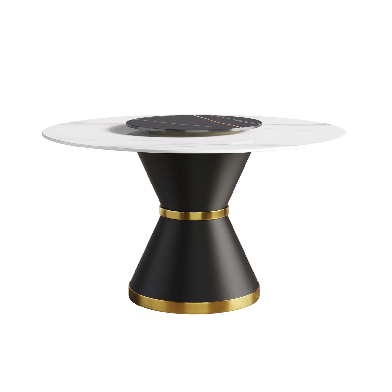 Mesa de comedor Marbella de piedra sinterizada | Redonda de 135 cm (53") en blanco brillante con base de metal y bandeja giratoria