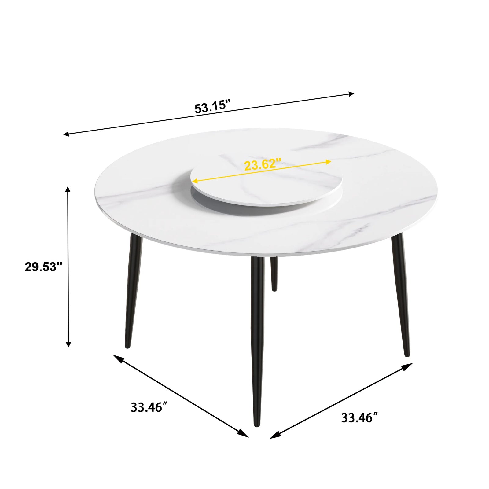 Mesa de comedor Marbella de piedra sinterizada | Redonda de 135 cm (53") en blanco brillante con base de metal y bandeja giratoria