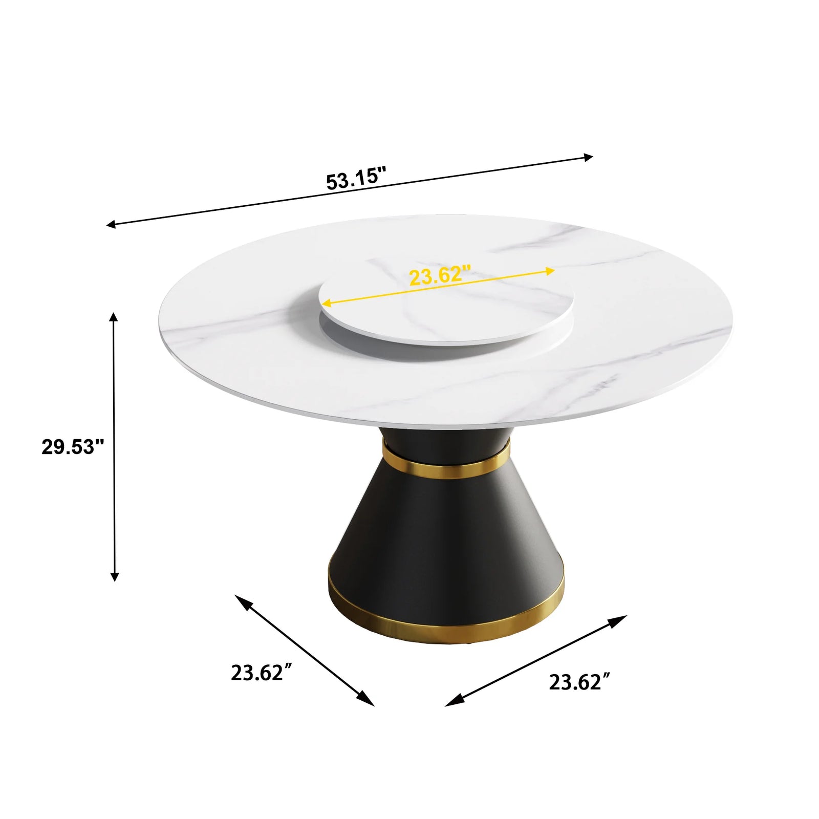 Mesa de comedor Marbella de piedra sinterizada | Redonda de 135 cm (53") en blanco brillante con base de metal y bandeja giratoria