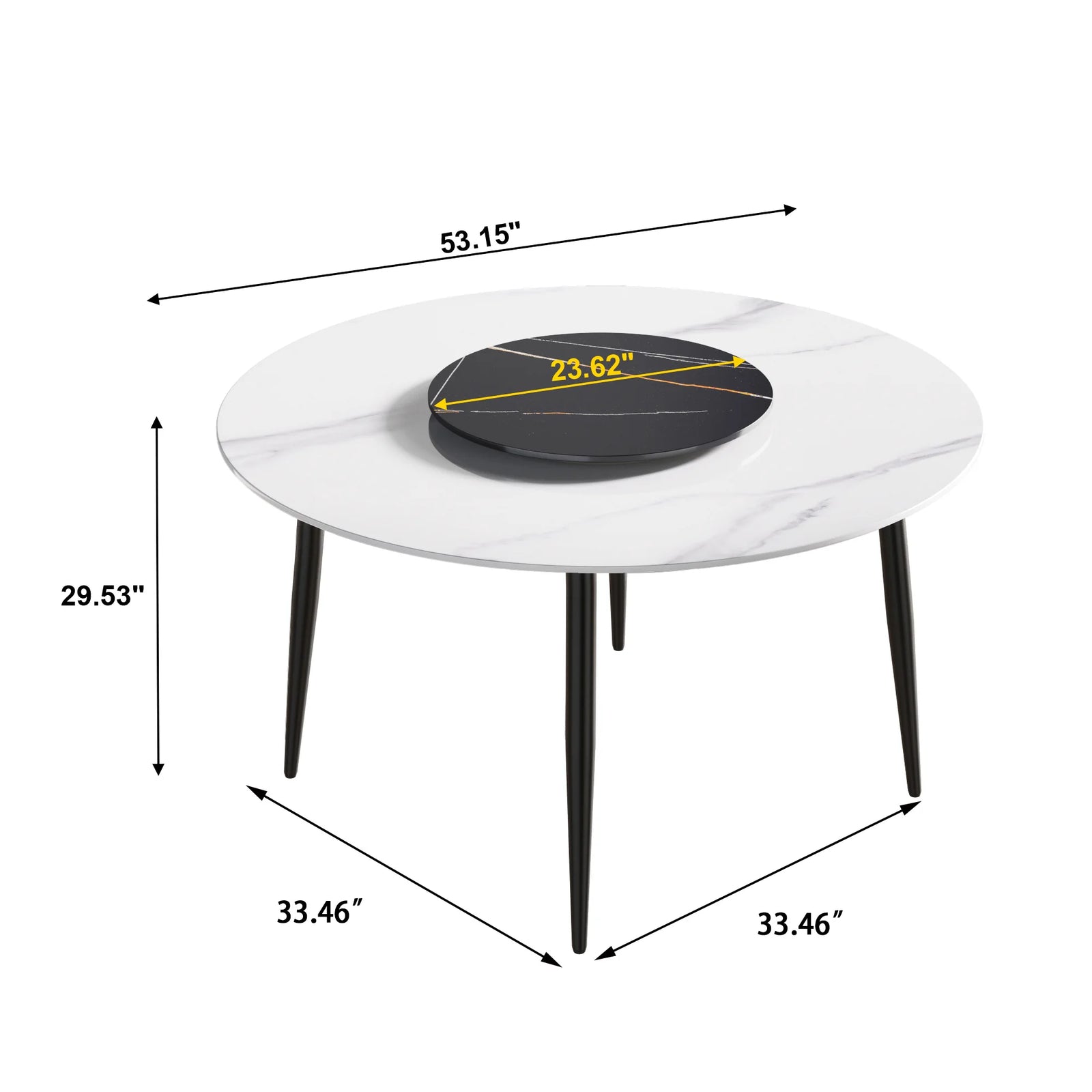 Mesa de comedor Marbella de piedra sinterizada | Redonda de 135 cm (53") en blanco brillante con base de metal y bandeja giratoria