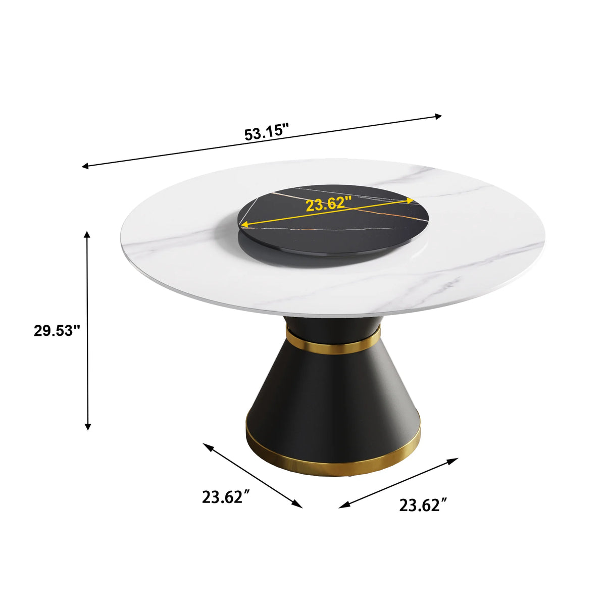 Mesa de comedor Marbella de piedra sinterizada | Redonda de 135 cm (53") en blanco brillante con base de metal y bandeja giratoria