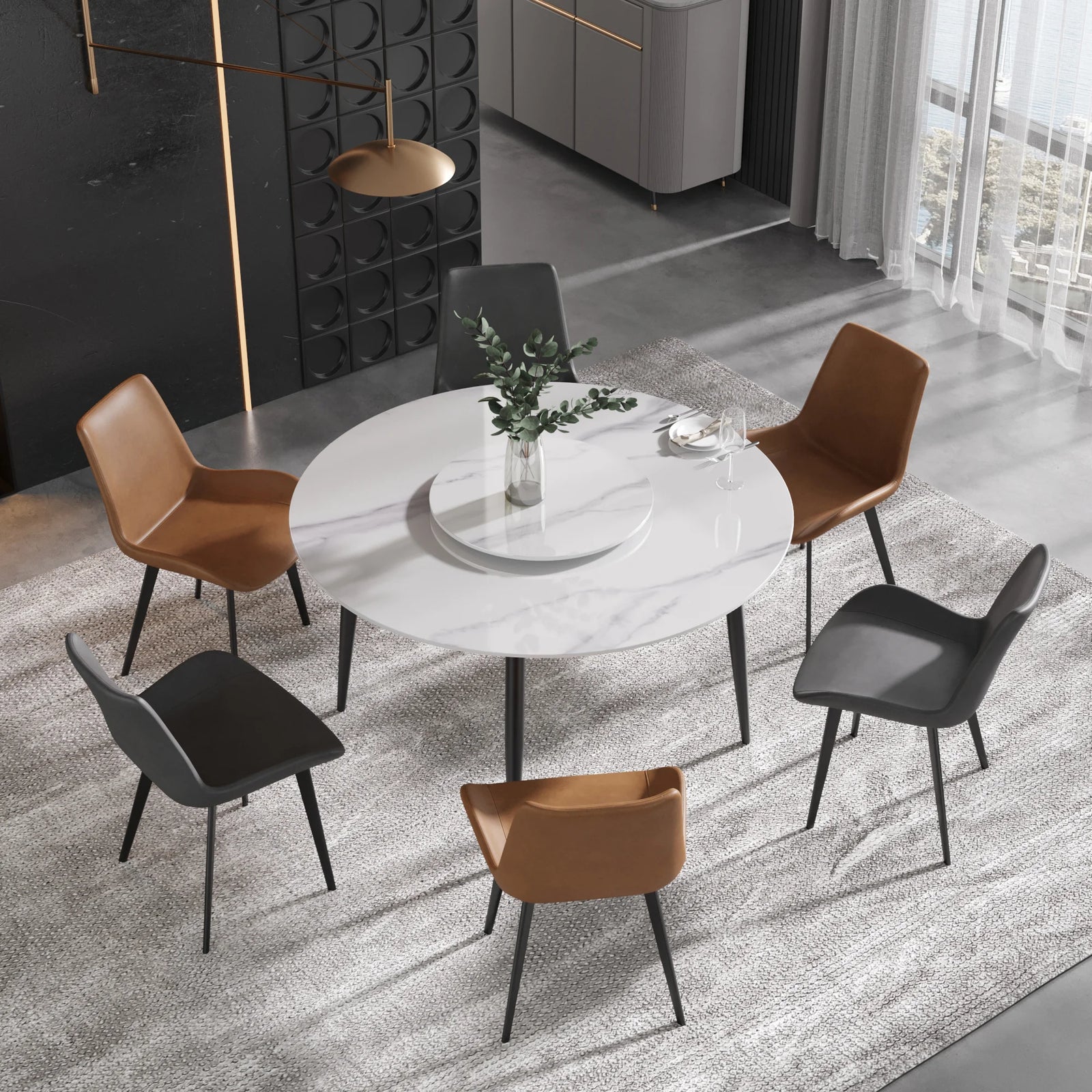 Mesa de comedor Marbella de piedra sinterizada | Redonda de 135 cm (53") en blanco brillante con base de metal y bandeja giratoria