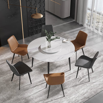 Mesa de comedor Marbella de piedra sinterizada | Redonda de 135 cm (53") en blanco brillante con base de metal y bandeja giratoria