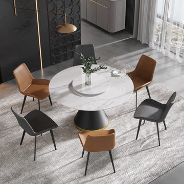 Mesa de comedor Marbella de piedra sinterizada | Redonda de 135 cm (53") en blanco brillante con base de metal y bandeja giratoria