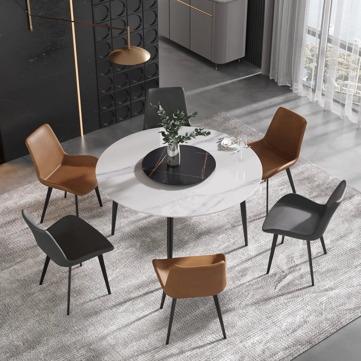 Mesa de comedor Marbella de piedra sinterizada | Redonda de 135 cm (53") en blanco brillante con base de metal y bandeja giratoria