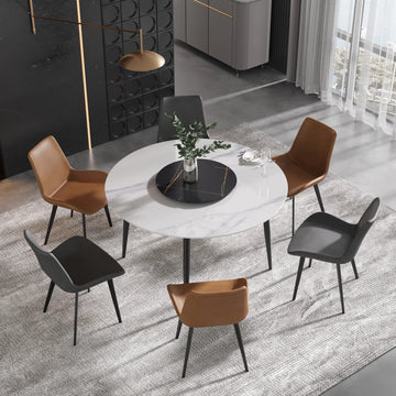 Mesa de comedor Marbella de piedra sinterizada | Redonda de 135 cm (53") en blanco brillante con base de metal y bandeja giratoria