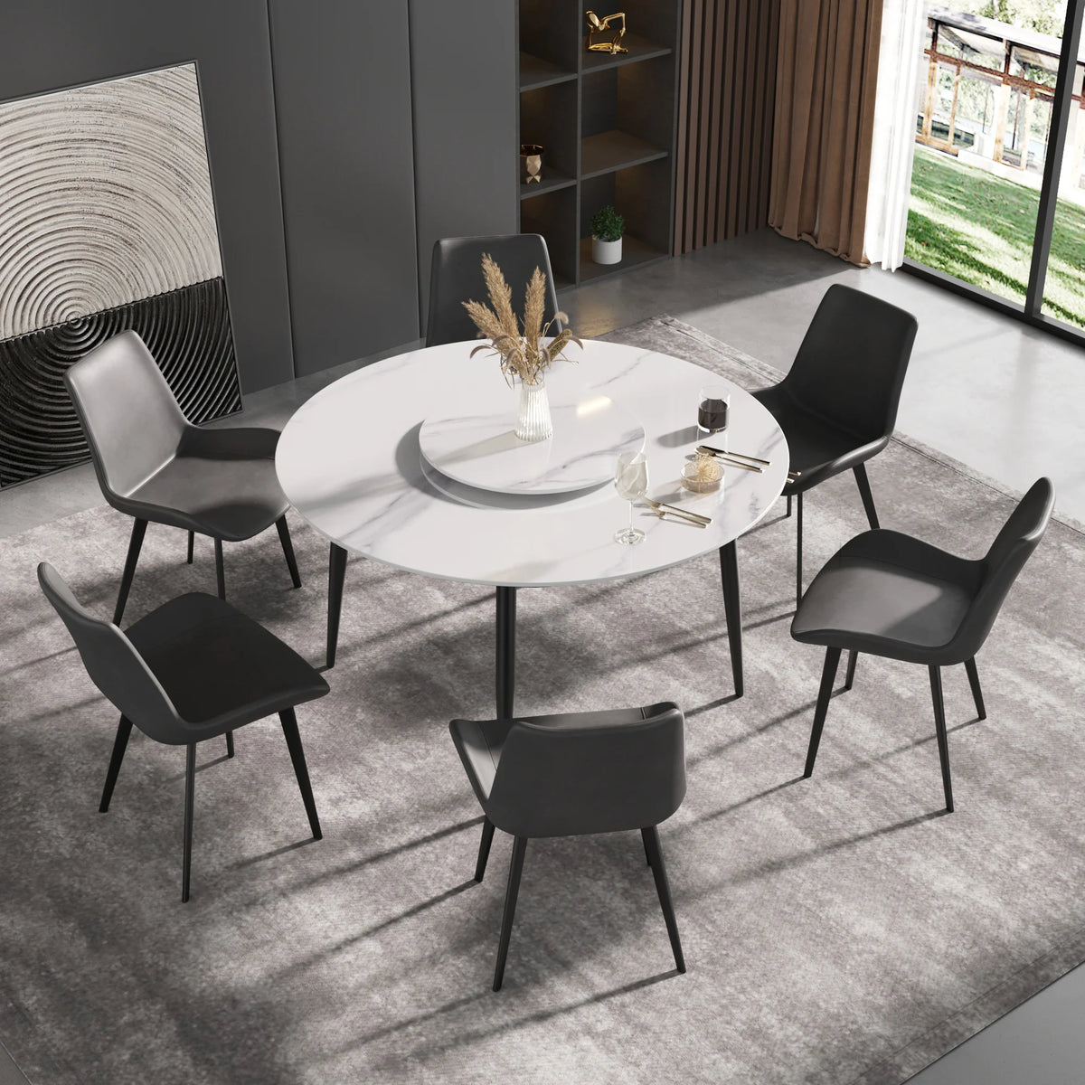 Mesa de comedor Marbella de piedra sinterizada | Redonda de 135 cm (53") en blanco brillante con base de metal y bandeja giratoria