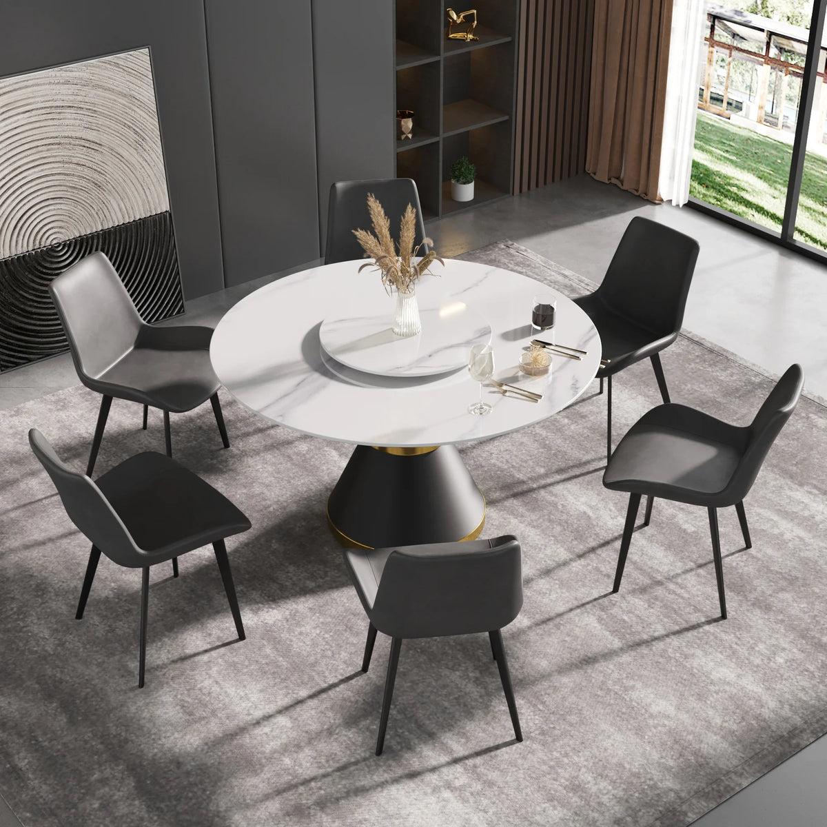 Mesa de comedor Marbella de piedra sinterizada | Redonda de 135 cm (53") en blanco brillante con base de metal y bandeja giratoria