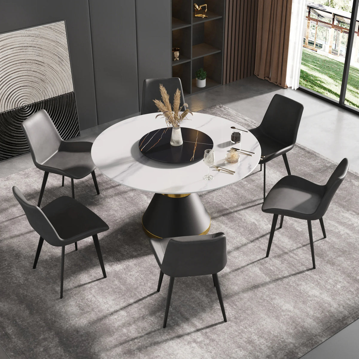 Mesa de comedor Marbella de piedra sinterizada | Redonda de 135 cm (53") en blanco brillante con base de metal y bandeja giratoria