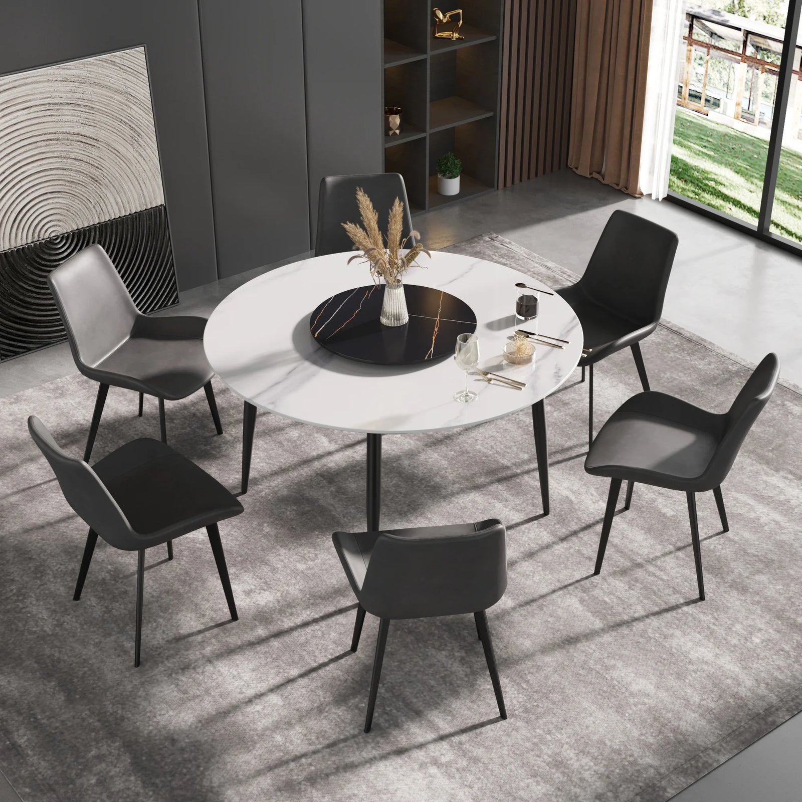 Mesa de comedor Marbella de piedra sinterizada | Redonda de 135 cm (53") en blanco brillante con base de metal y bandeja giratoria