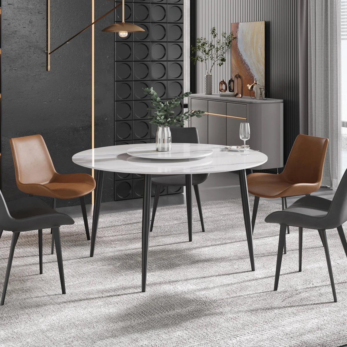 Mesa de comedor Marbella de piedra sinterizada | Redonda de 135 cm (53") en blanco brillante con base de metal y bandeja giratoria