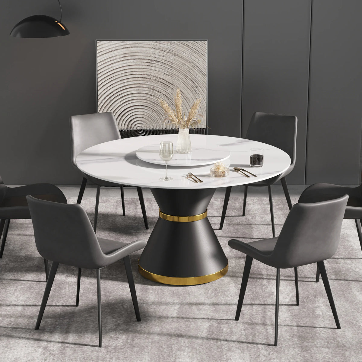 Mesa de comedor Marbella de piedra sinterizada | Redonda de 135 cm (53") en blanco brillante con base de metal y bandeja giratoria