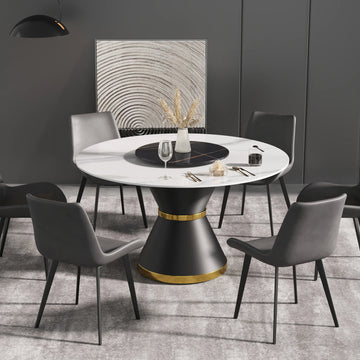 Mesa de comedor Marbella de piedra sinterizada | Redonda de 135 cm (53") en blanco brillante con base de metal y bandeja giratoria