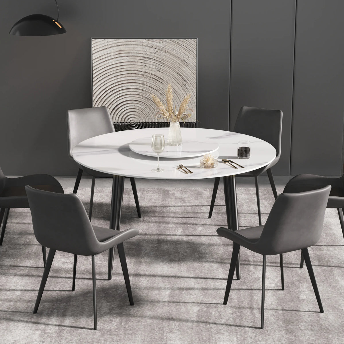 Mesa de comedor Marbella de piedra sinterizada | Redonda de 135 cm (53") en blanco brillante con base de metal y bandeja giratoria