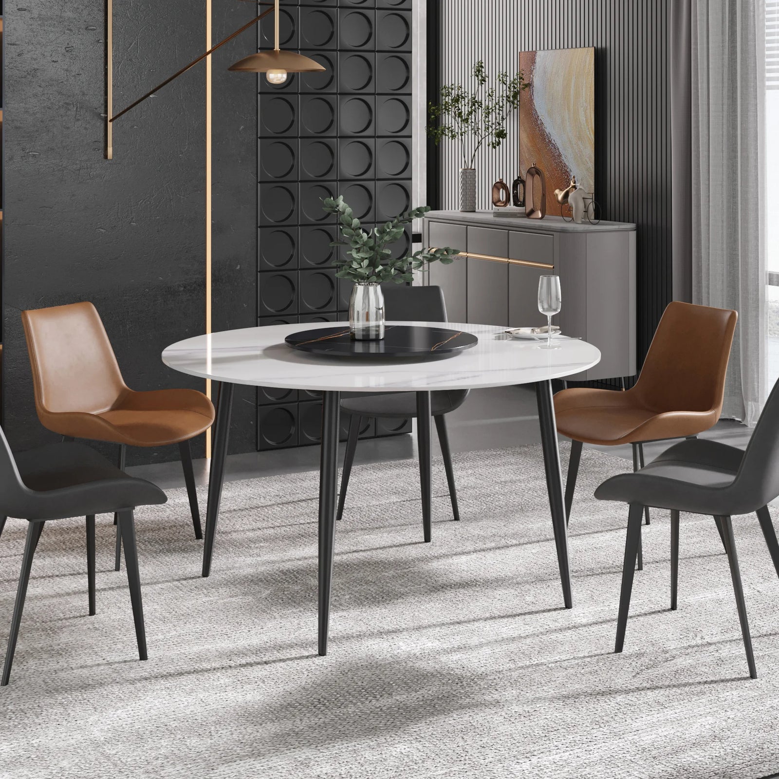 Mesa de comedor Marbella de piedra sinterizada | Redonda de 135 cm (53") en blanco brillante con base de metal y bandeja giratoria
