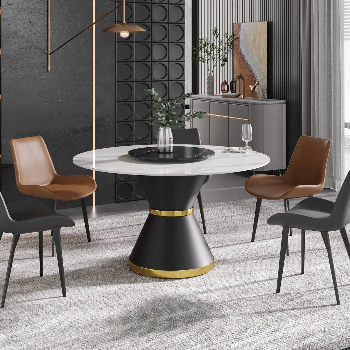 Mesa de comedor Marbella de piedra sinterizada | Redonda de 135 cm (53") en blanco brillante con base de metal y bandeja giratoria