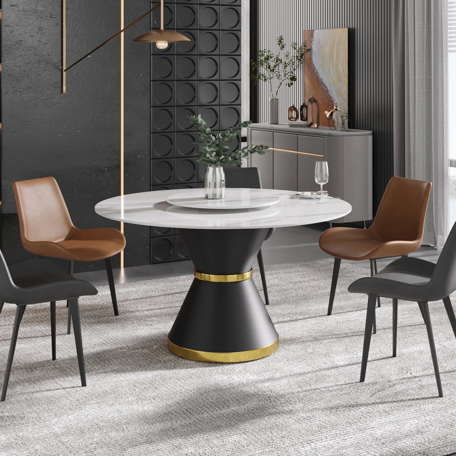Mesa de comedor Marbella de piedra sinterizada | Redonda de 135 cm (53") en blanco brillante con base de metal y bandeja giratoria