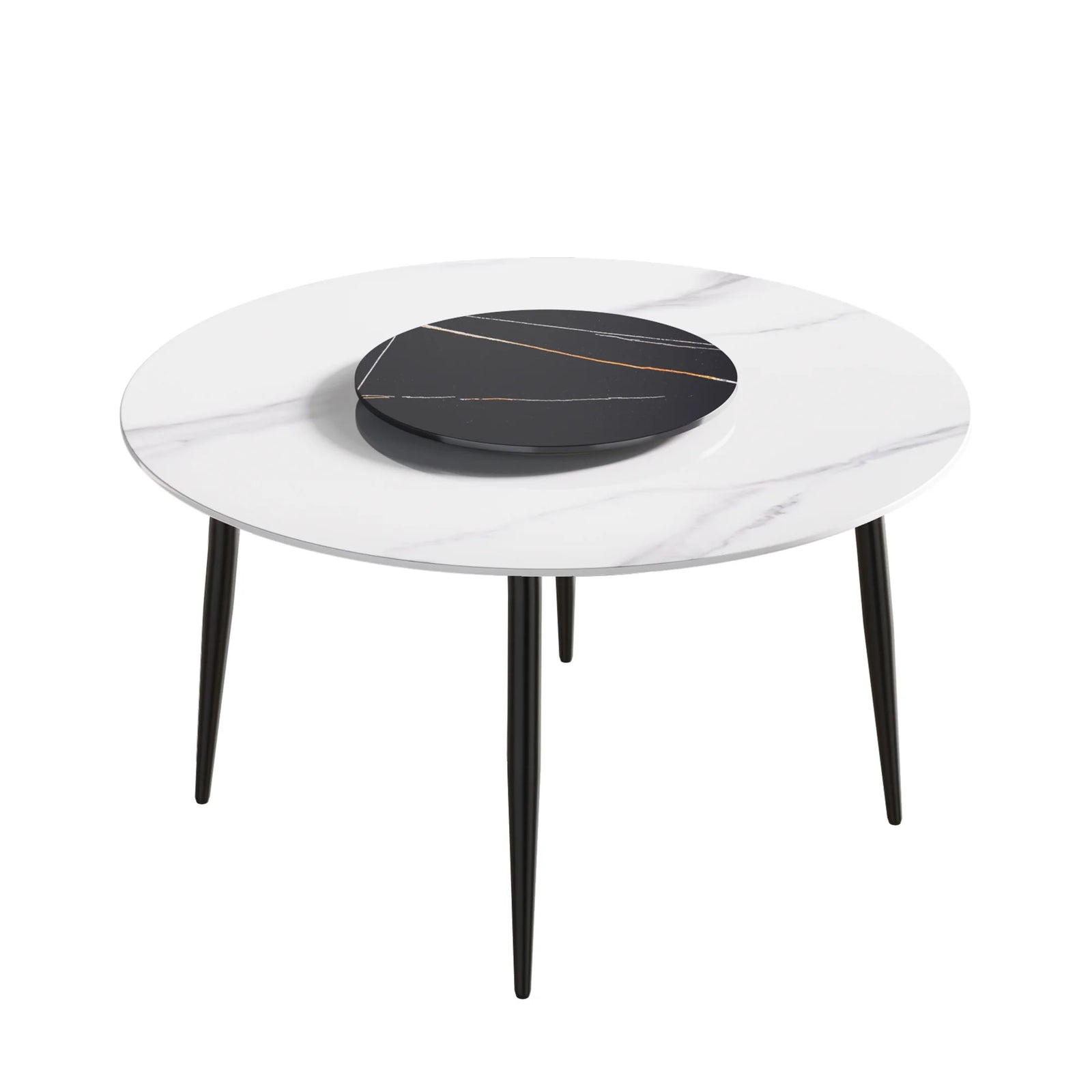 Mesa de comedor Marbella de piedra sinterizada | Redonda de 135 cm (53") en blanco brillante con base de metal y bandeja giratoria