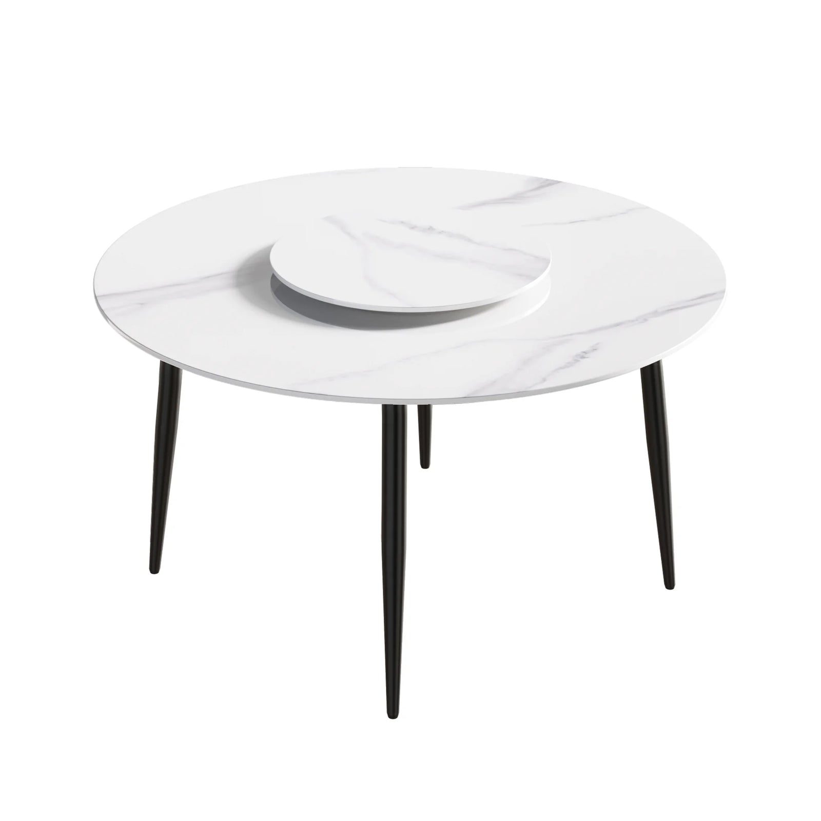 Mesa de comedor Marbella de piedra sinterizada | Redonda de 135 cm (53") en blanco brillante con base de metal y bandeja giratoria
