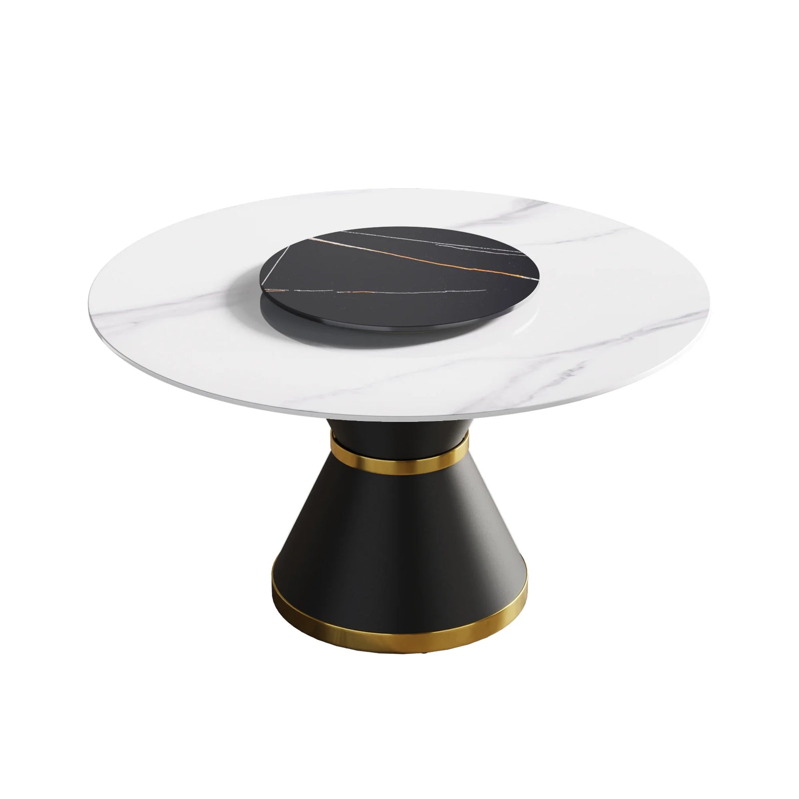 Mesa de comedor Marbella de piedra sinterizada | Redonda de 135 cm (53") en blanco brillante con base de metal y bandeja giratoria