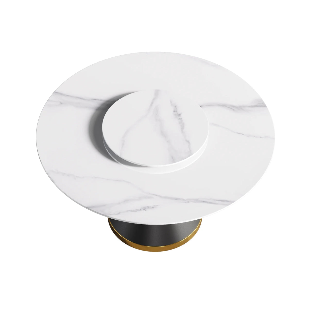 Mesa de comedor Marbella de piedra sinterizada | Redonda de 135 cm (53") en blanco brillante con base de metal y bandeja giratoria