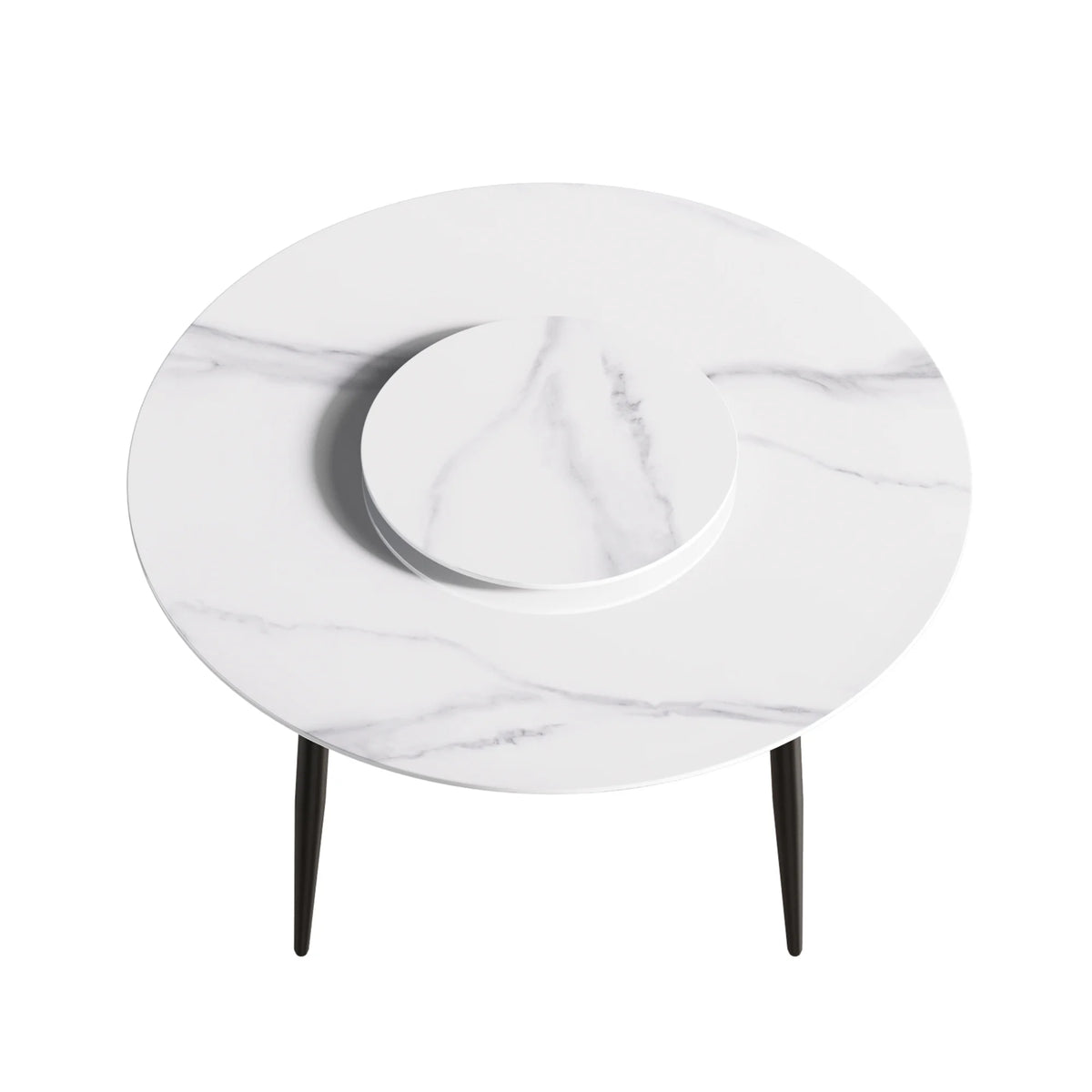Mesa de comedor Marbella de piedra sinterizada | Redonda de 135 cm (53") en blanco brillante con base de metal y bandeja giratoria