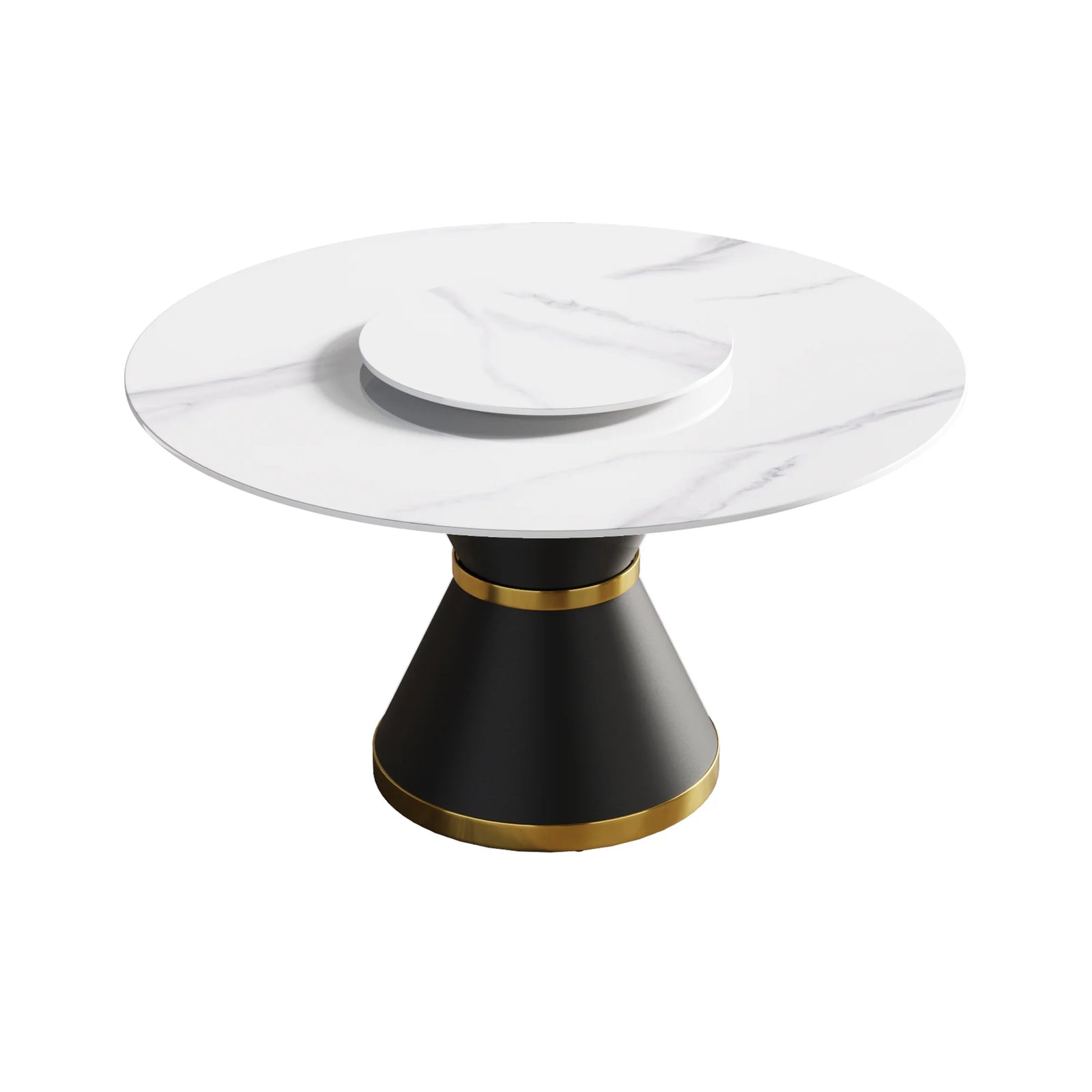 Mesa de comedor Marbella de piedra sinterizada | Redonda de 135 cm (53") en blanco brillante con base de metal y bandeja giratoria