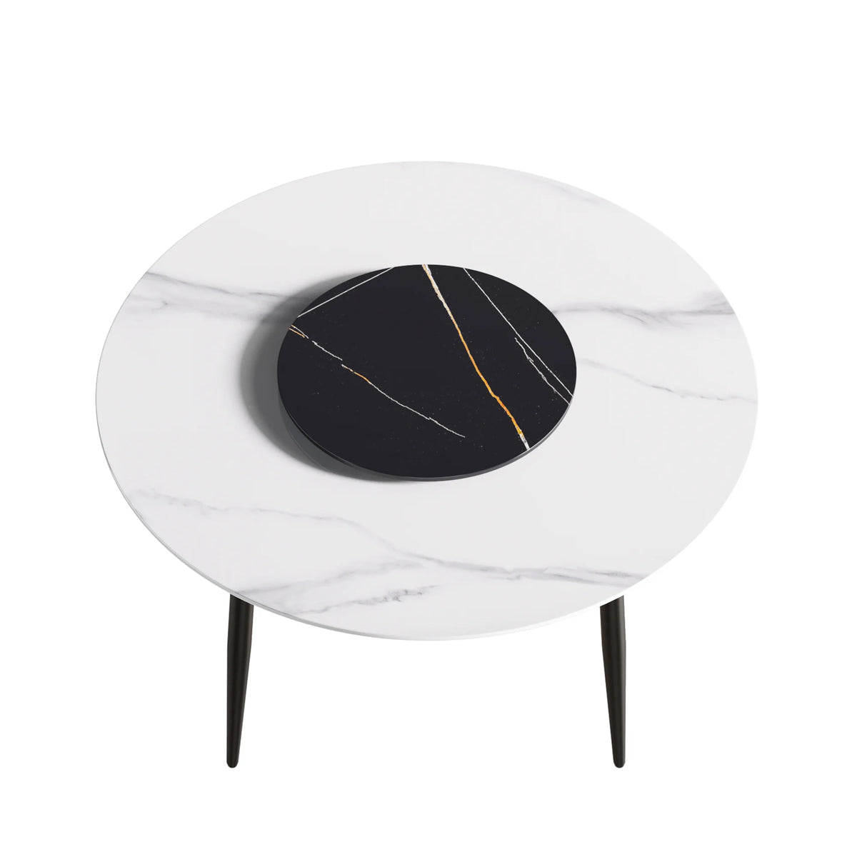 Mesa de comedor Marbella de piedra sinterizada | Redonda de 135 cm (53") en blanco brillante con base de metal y bandeja giratoria