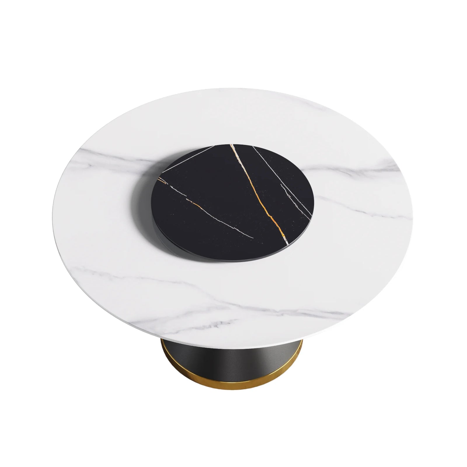 Mesa de comedor Marbella de piedra sinterizada | Redonda de 135 cm (53") en blanco brillante con base de metal y bandeja giratoria