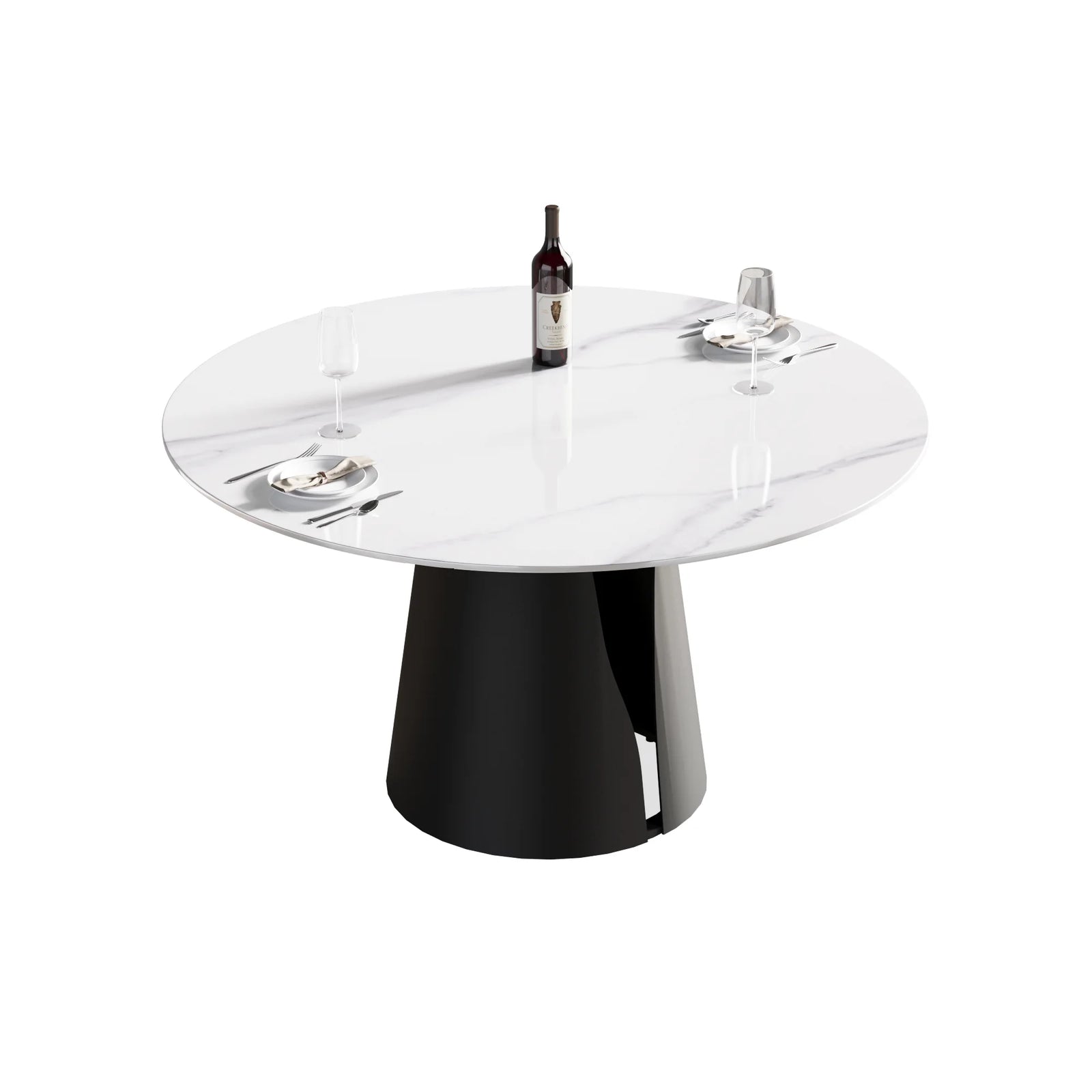 Mesa de comedor Marbella de piedra sinterizada | Redonda de 135 cm (53") en blanco brillante con base metálica