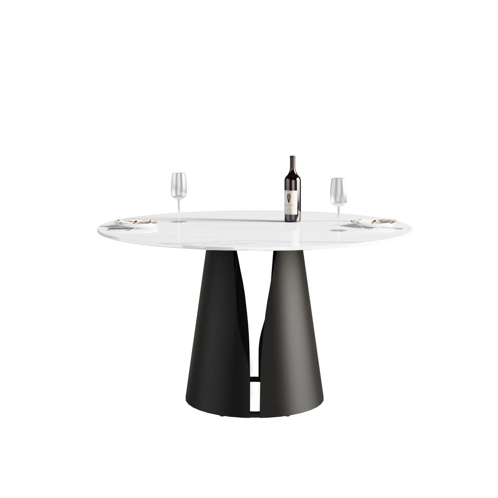 Mesa de comedor Marbella de piedra sinterizada | Redonda de 135 cm (53") en blanco brillante con base metálica