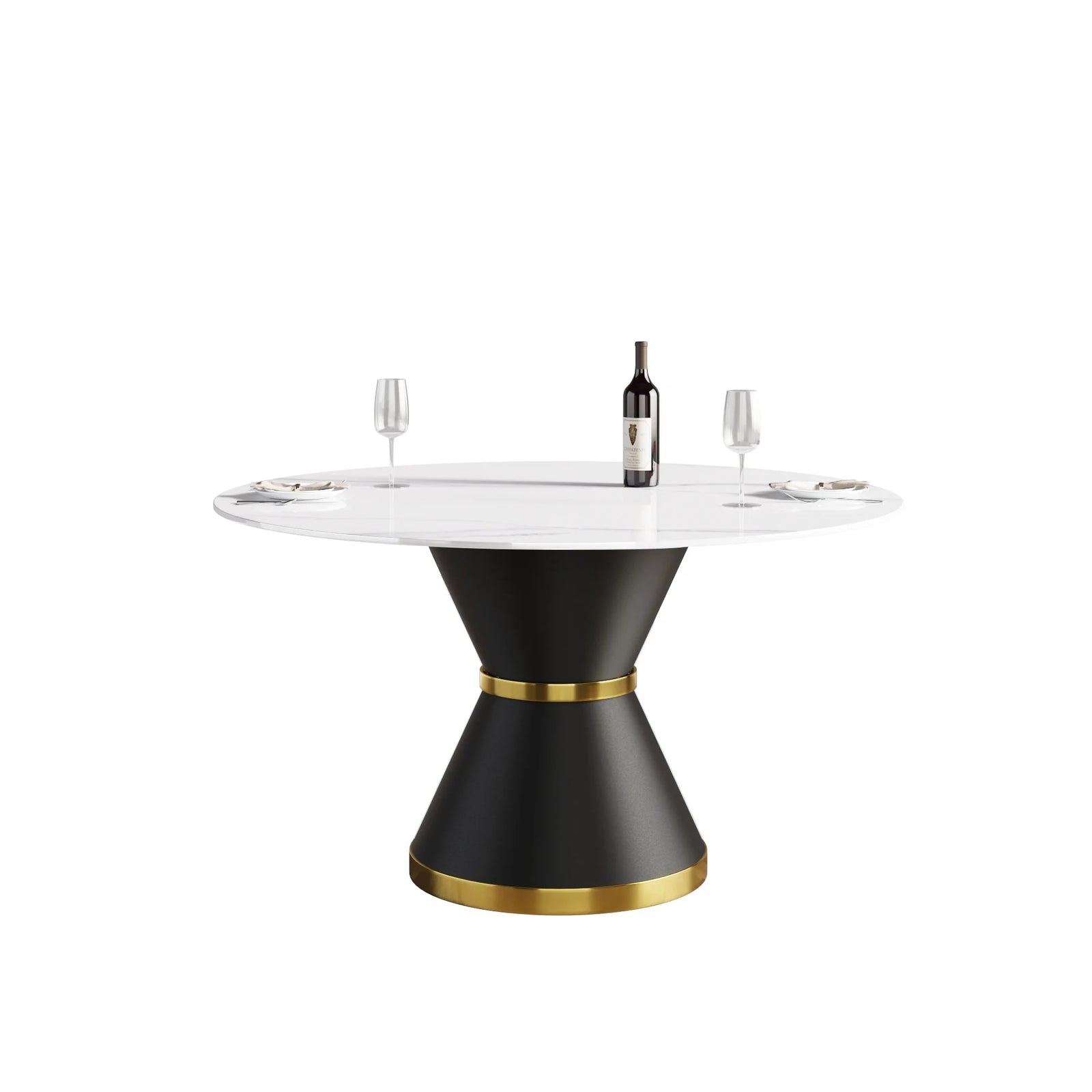 Mesa de comedor Marbella de piedra sinterizada | Redonda de 135 cm (53") en blanco brillante con base metálica