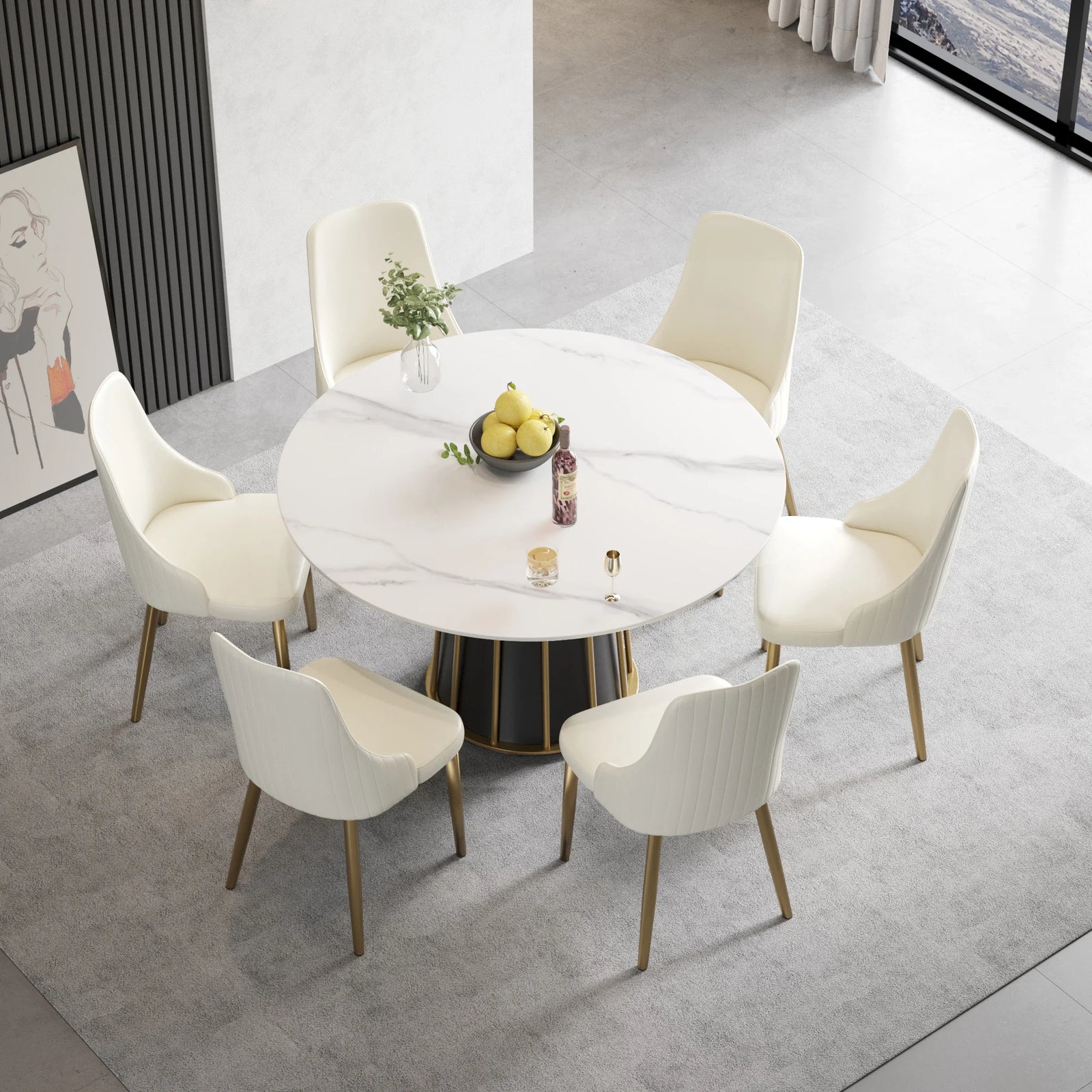 Marbella Sintered Stone Dining Table | 53" White Gloss Round With Metal Base
