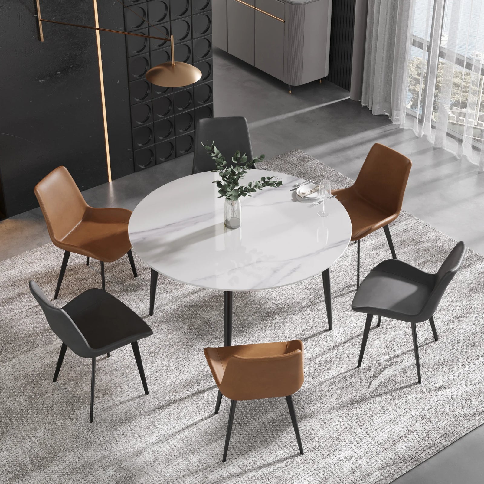 Mesa de comedor Marbella de piedra sinterizada | Redonda de 135 cm (53") en blanco brillante con base metálica