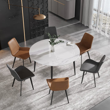 Mesa de comedor Marbella de piedra sinterizada | Redonda de 135 cm (53") en blanco brillante con base metálica