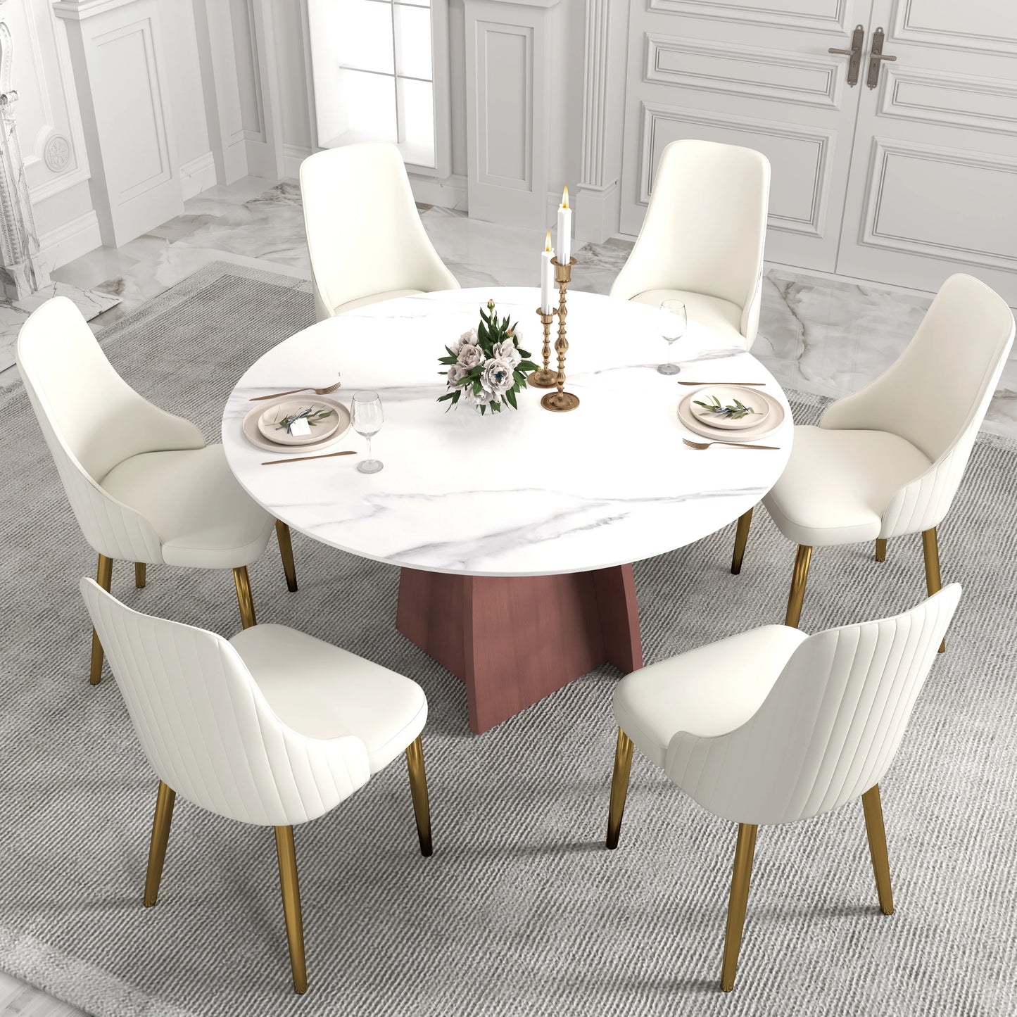 Marbella Sintered Stone Dining Table | 53" White Gloss Round With Metal Base