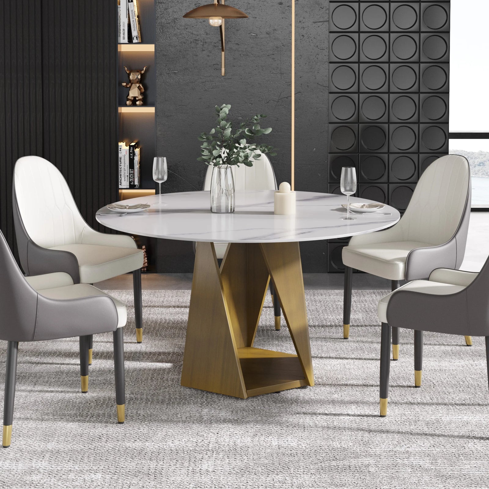Mesa de comedor Marbella de piedra sinterizada | Redonda de 135 cm (53") en blanco brillante con base metálica