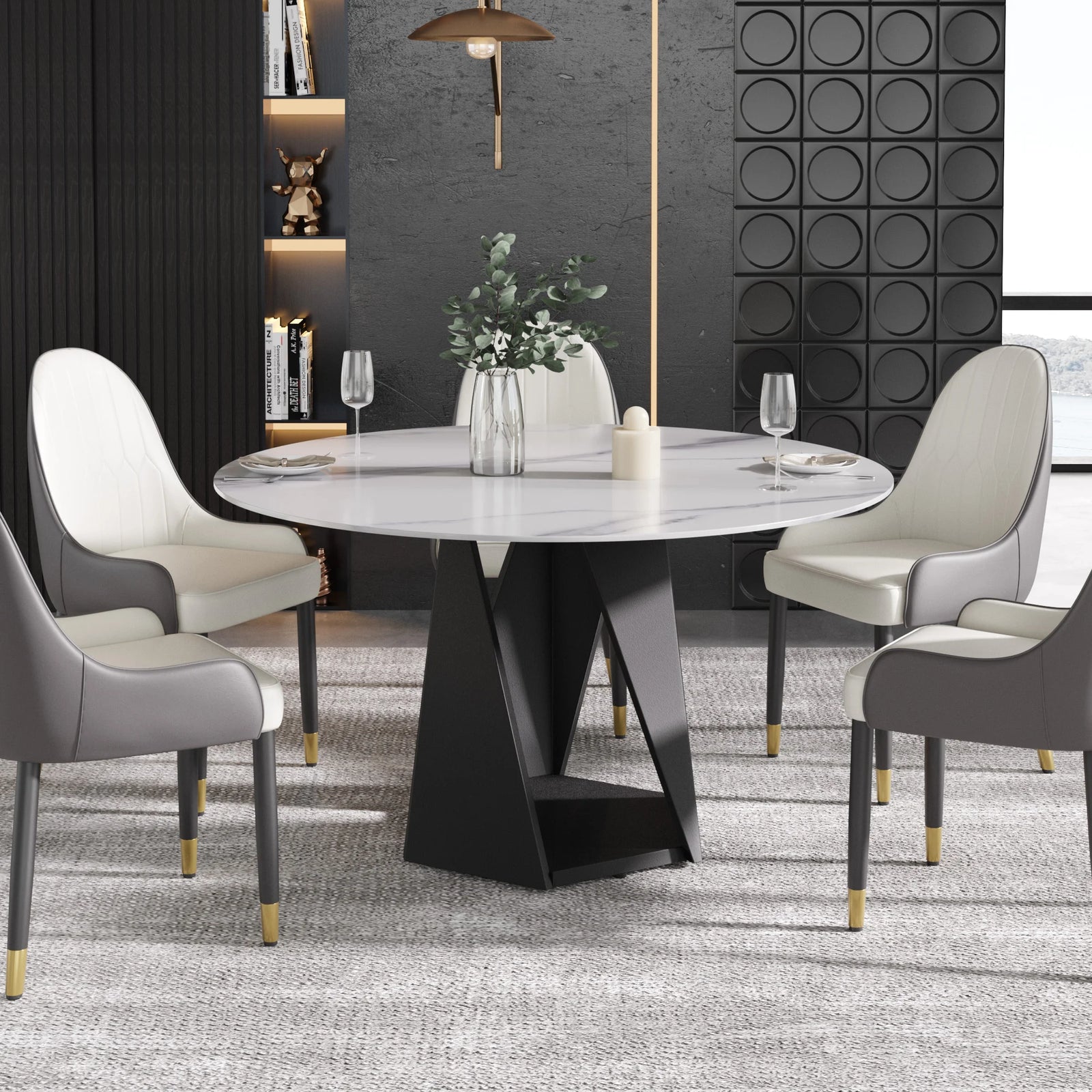 Mesa de comedor Marbella de piedra sinterizada | Redonda de 135 cm (53") en blanco brillante con base metálica