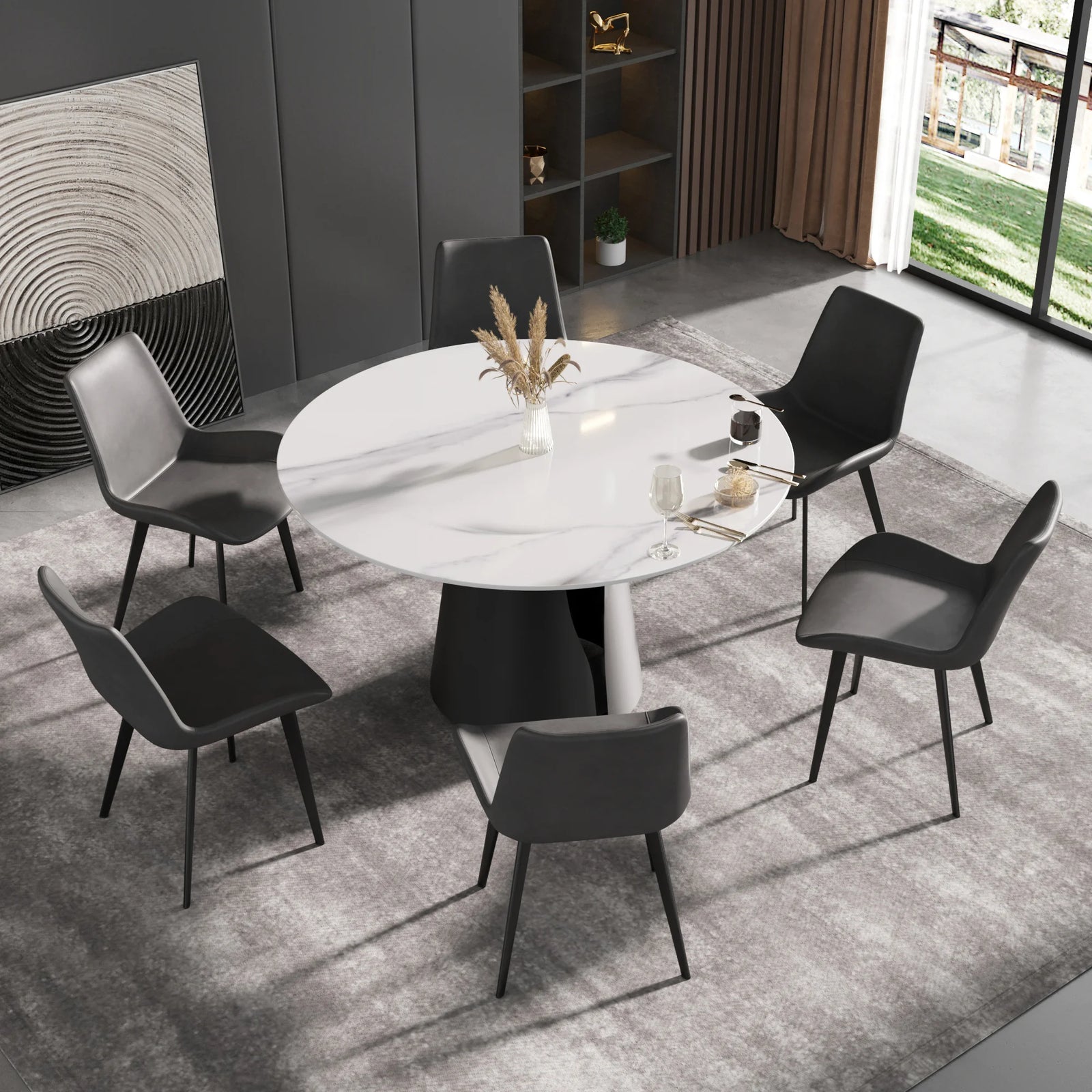 Mesa de comedor Marbella de piedra sinterizada | Redonda de 135 cm (53") en blanco brillante con base metálica