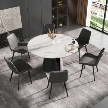 Mesa de comedor Marbella de piedra sinterizada | Redonda de 135 cm (53") en blanco brillante con base metálica