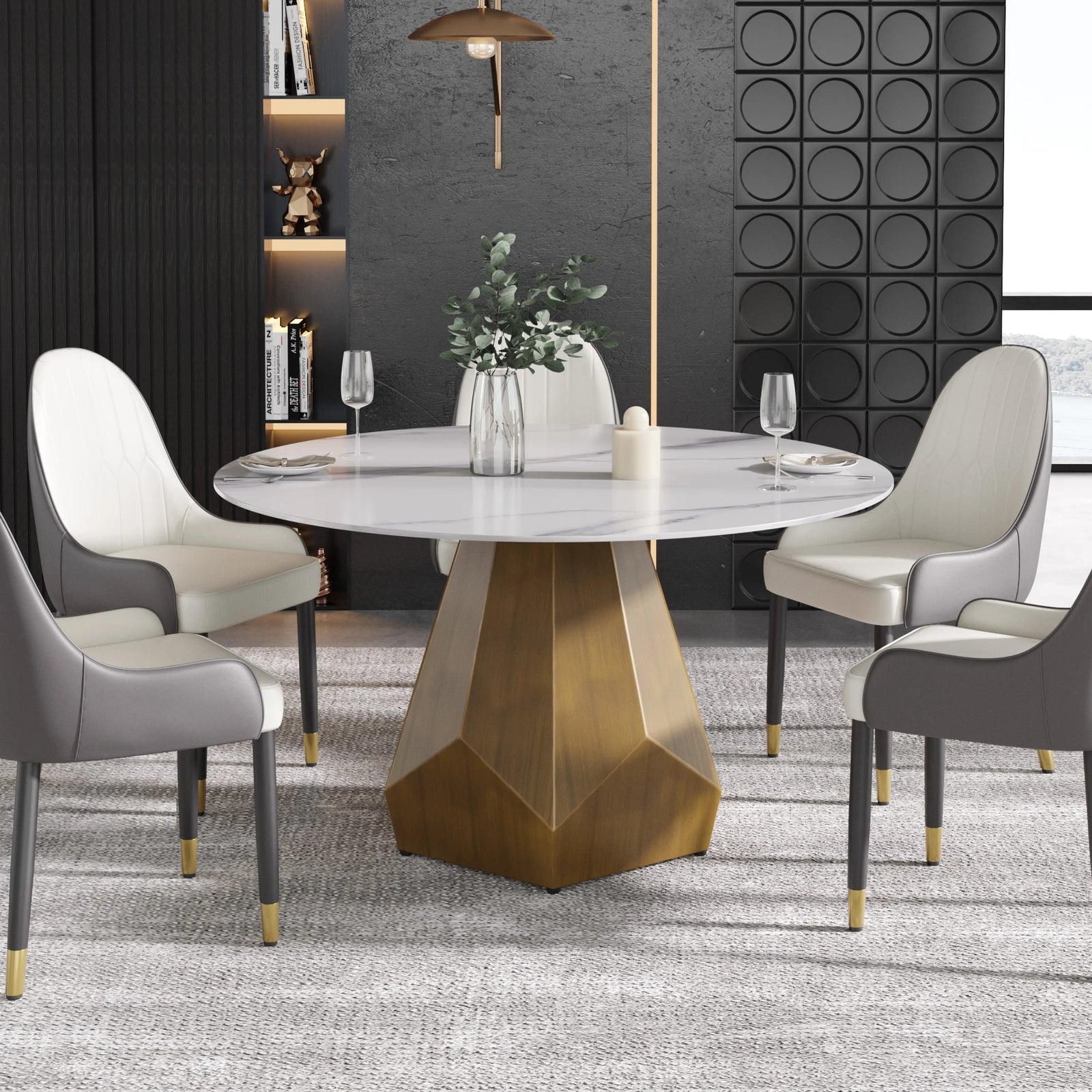 Mesa de comedor Marbella de piedra sinterizada | Redonda de 135 cm (53") en blanco brillante con base metálica