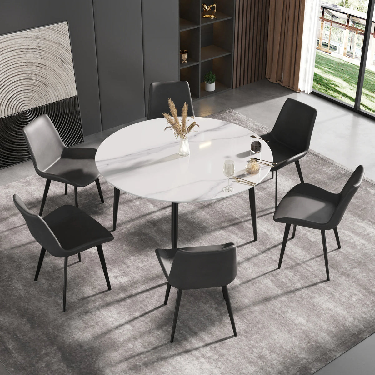 Mesa de comedor Marbella de piedra sinterizada | Redonda de 135 cm (53") en blanco brillante con base metálica