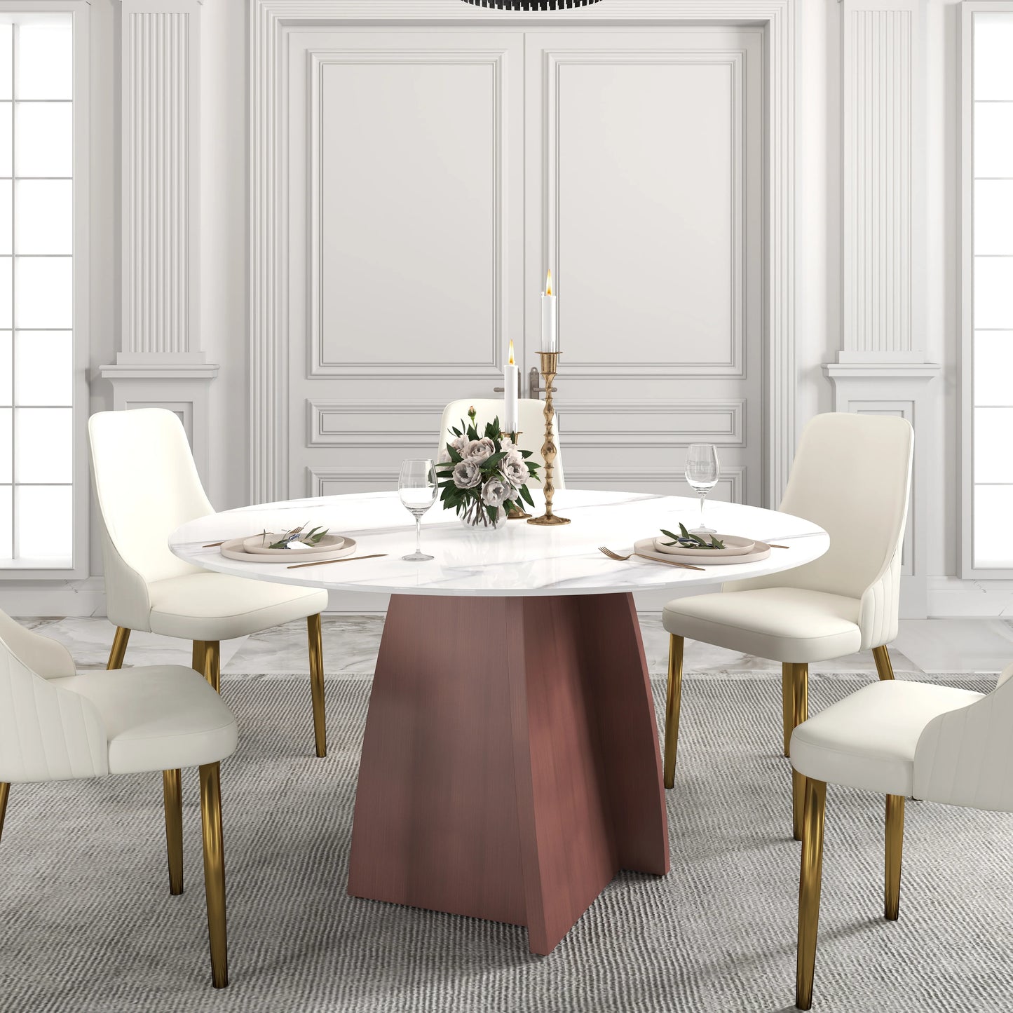 Marbella Sintered Stone Dining Table | 53" White Gloss Round With Metal Base