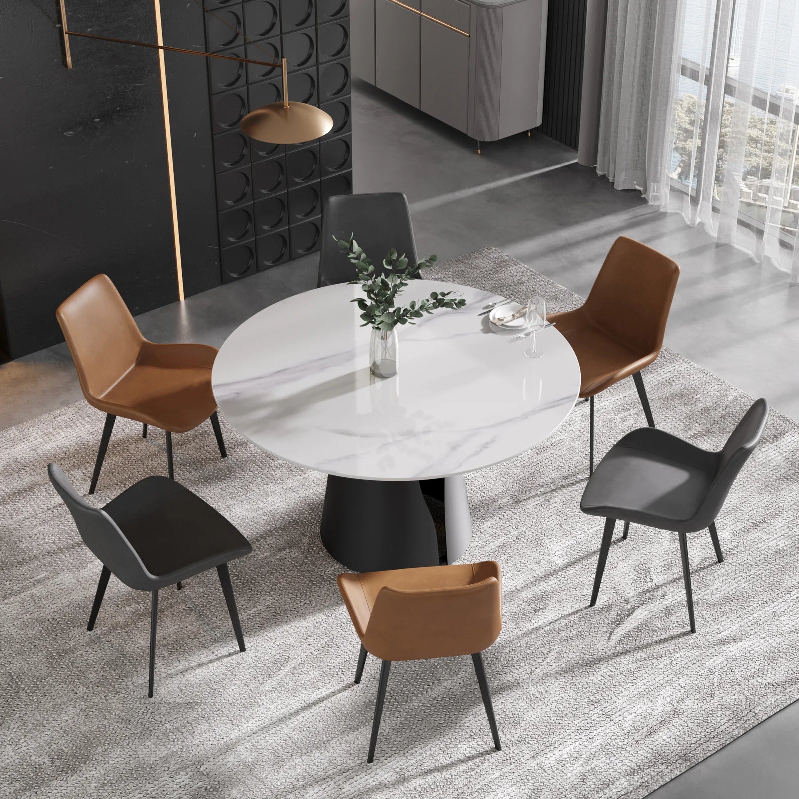 Mesa de comedor Marbella de piedra sinterizada | Redonda de 135 cm (53") en blanco brillante con base metálica