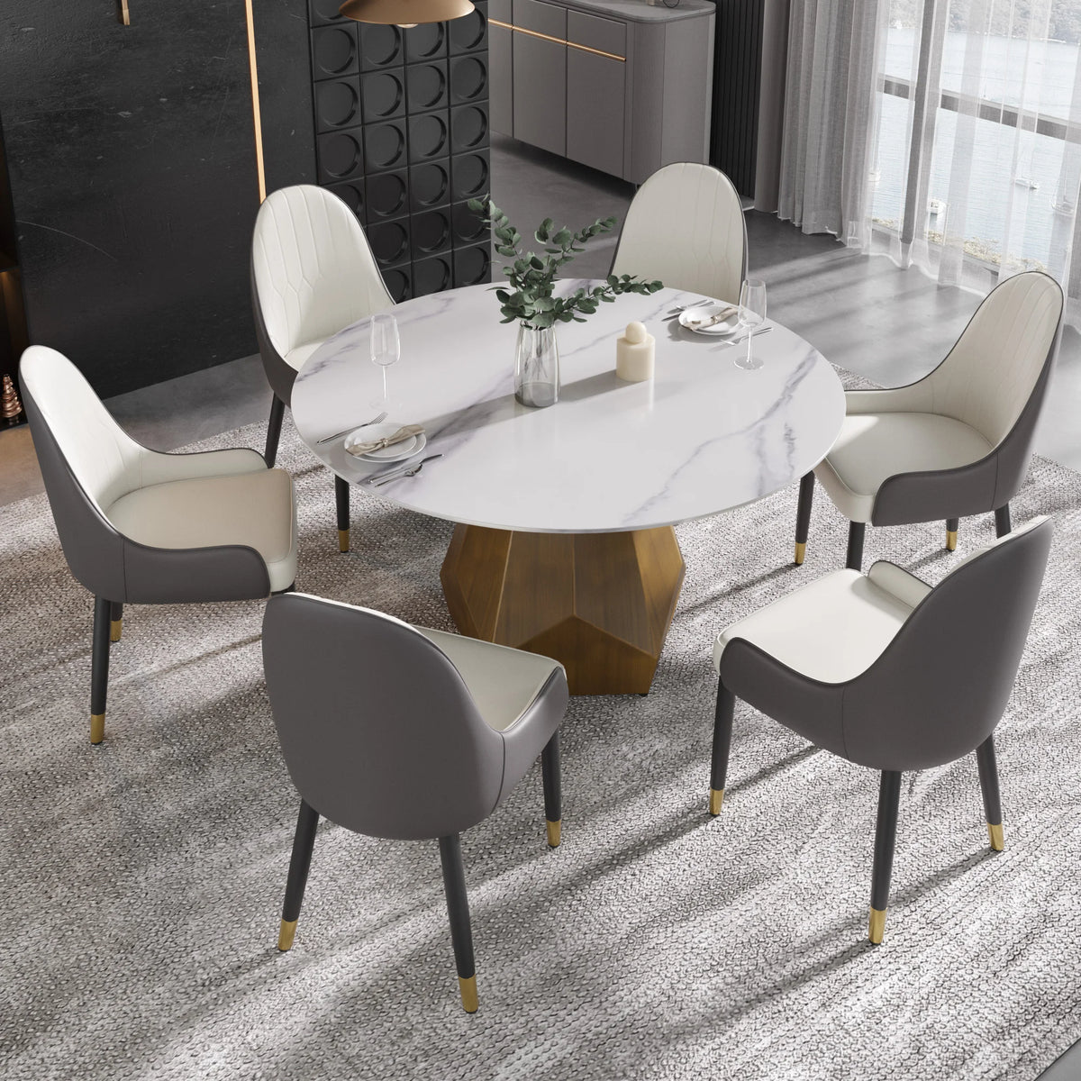 Mesa de comedor Marbella de piedra sinterizada | Redonda de 135 cm (53") en blanco brillante con base metálica