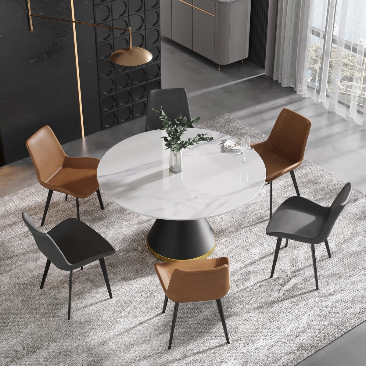 Mesa de comedor Marbella de piedra sinterizada | Redonda de 135 cm (53") en blanco brillante con base metálica