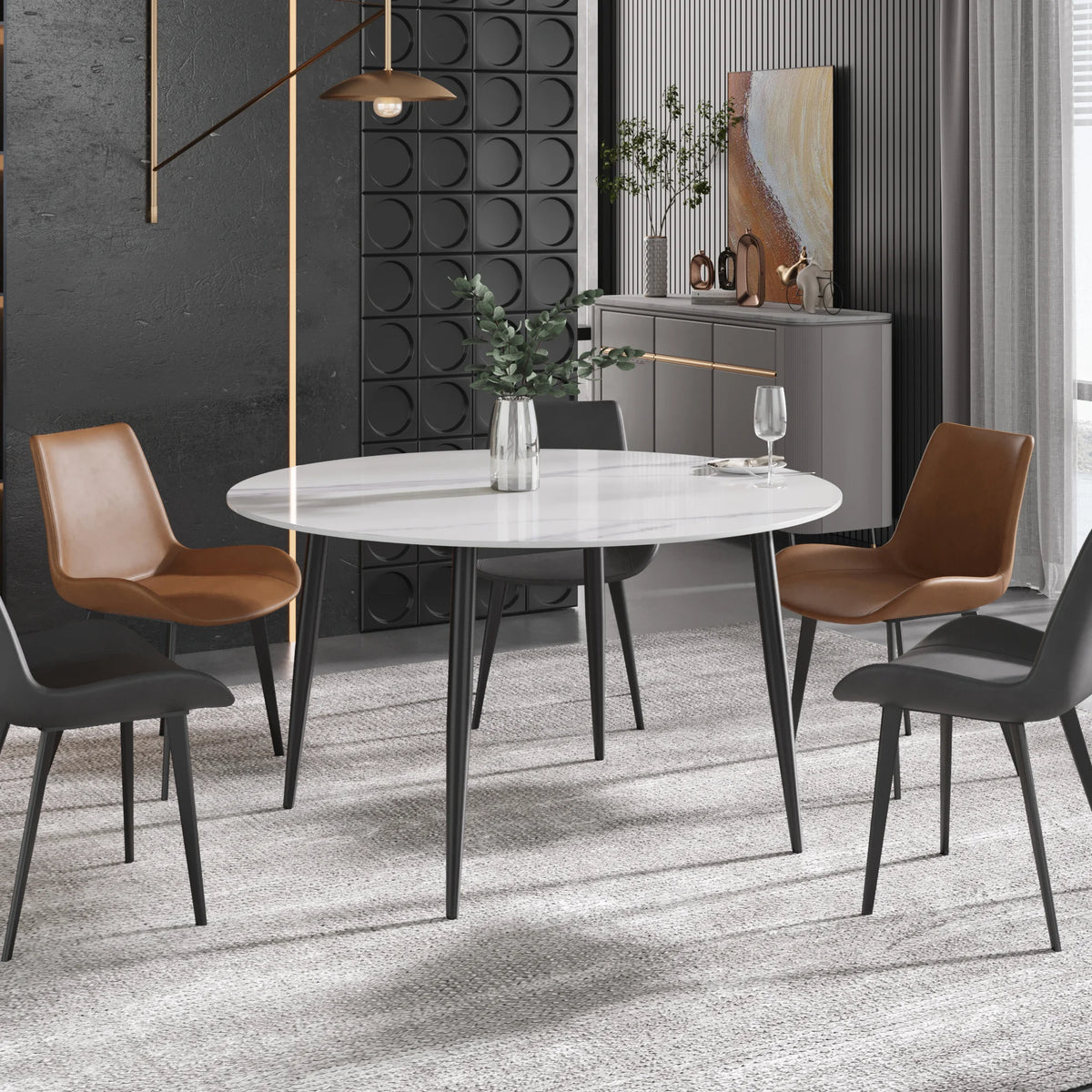 Mesa de comedor Marbella de piedra sinterizada | Redonda de 135 cm (53") en blanco brillante con base metálica
