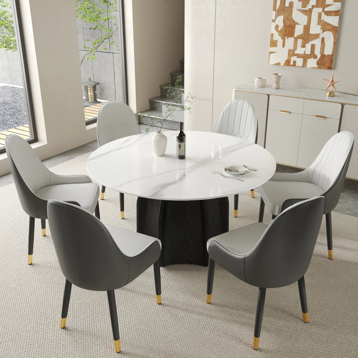 Marbella Sintered Stone Dining Table | 53" White Gloss Round With Metal Base
