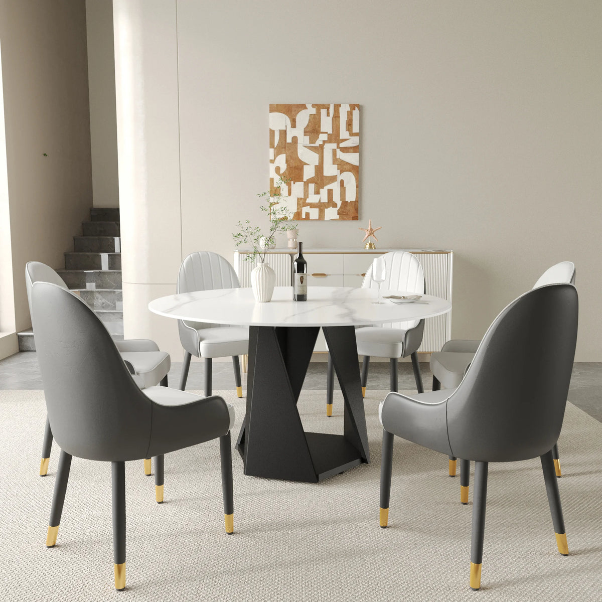 Mesa de comedor Marbella de piedra sinterizada | Redonda de 135 cm (53") en blanco brillante con base metálica
