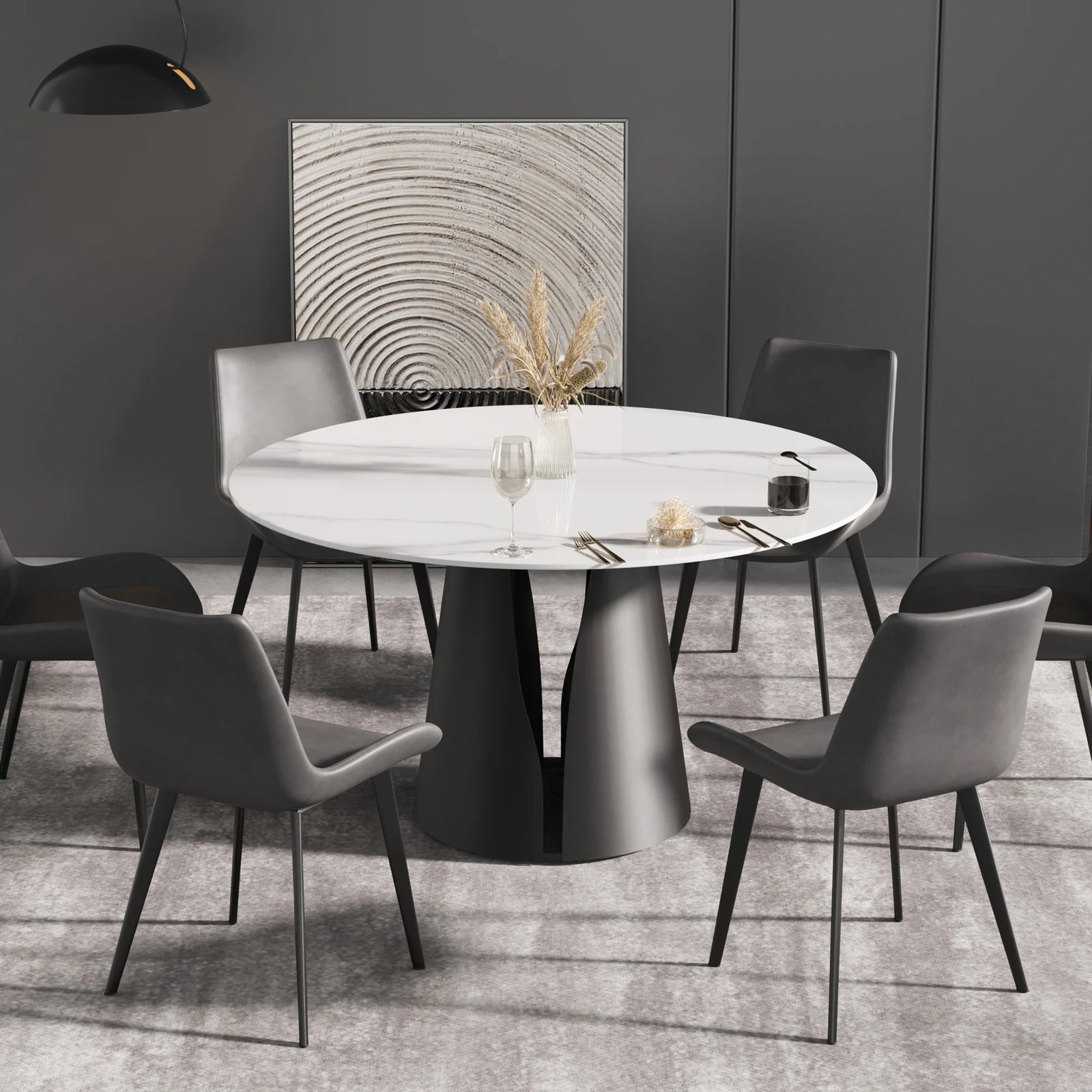 Mesa de comedor Marbella de piedra sinterizada | Redonda de 135 cm (53") en blanco brillante con base metálica